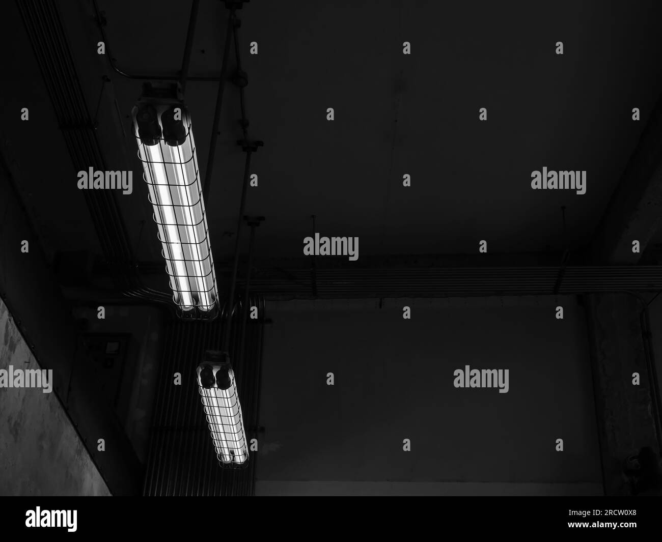 Plafoniere industriali loft coperte da rete metallica appese sotto il soffitto in un vecchio edificio bianco con spazio per la copia. Decorazione delle protezioni per la luce fluorescente Foto Stock