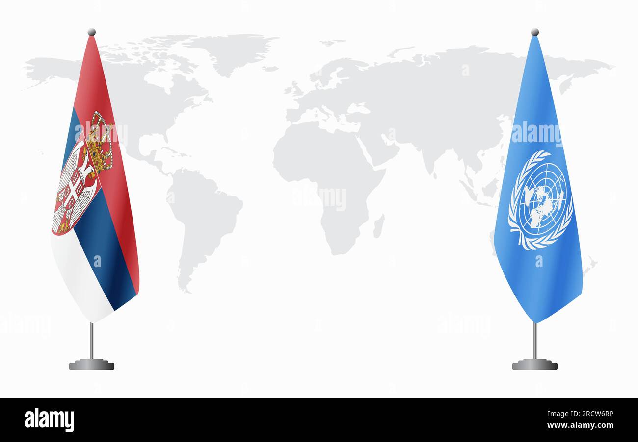 Serbia e Nazioni Unite bandiere per un incontro ufficiale sullo sfondo della mappa mondiale. Illustrazione Vettoriale