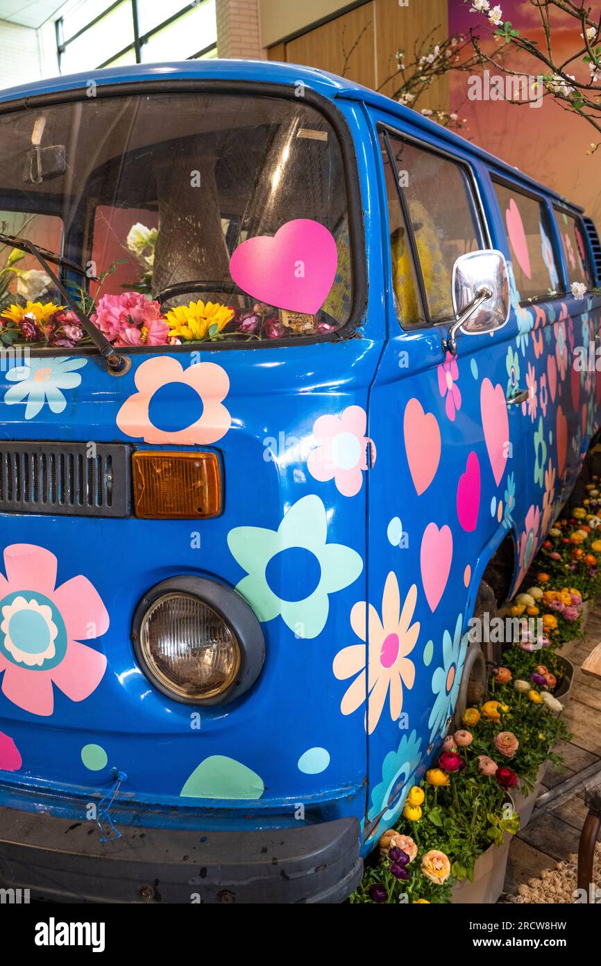 Autobus Volkswagon blu dipinto di fiori in una mostra nei giardini Kuekenhof Foto Stock