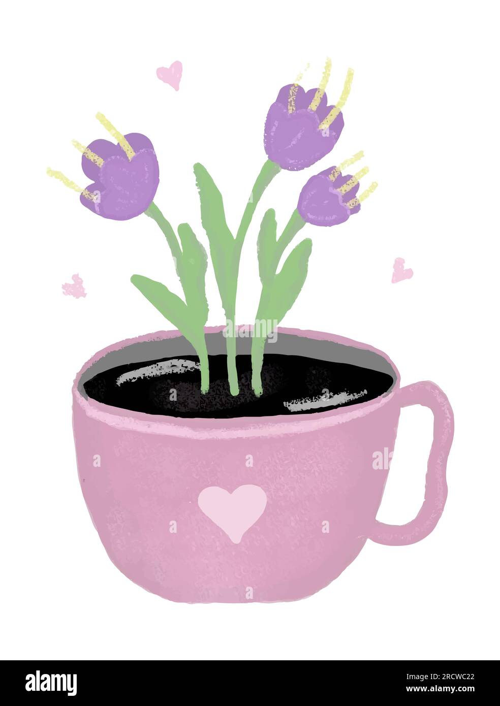 Una tazza di caffè carina con fiori magici, illustrazioni colorate Illustrazione Vettoriale