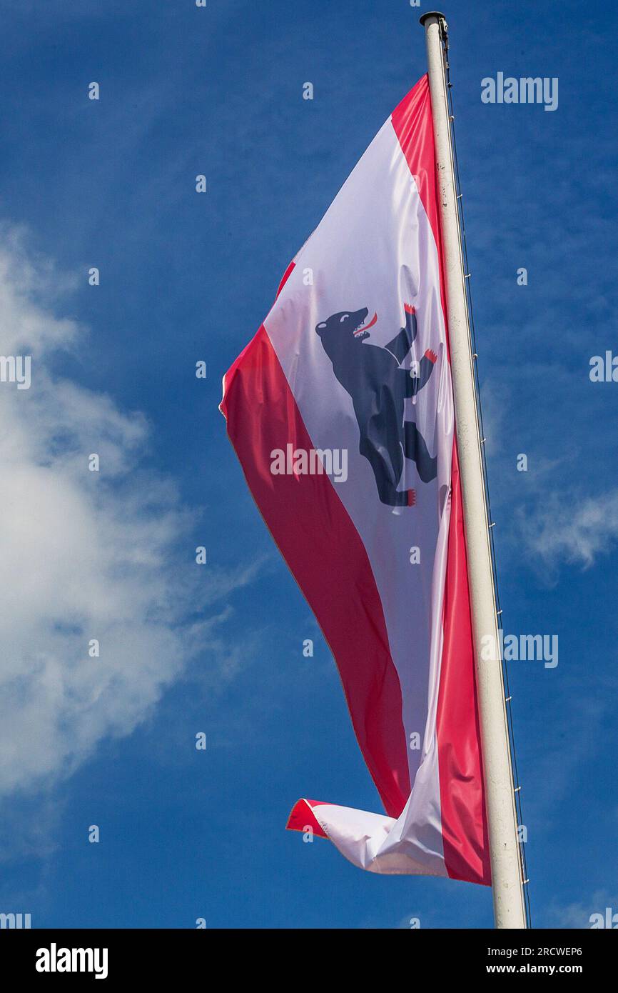 Berlino, Germania. 1 luglio 2023. La bandiera della capitale tedesca Berlino vola sopra un albero. La bandiera di Berlino ha un'ampia striscia bianca al centro e due strette strisce rosse ai lati e mostra l'orso di Berlino come uno stemma. Credito: Fernando Gutierrez-Juarez/dpa/Alamy Live News Foto Stock