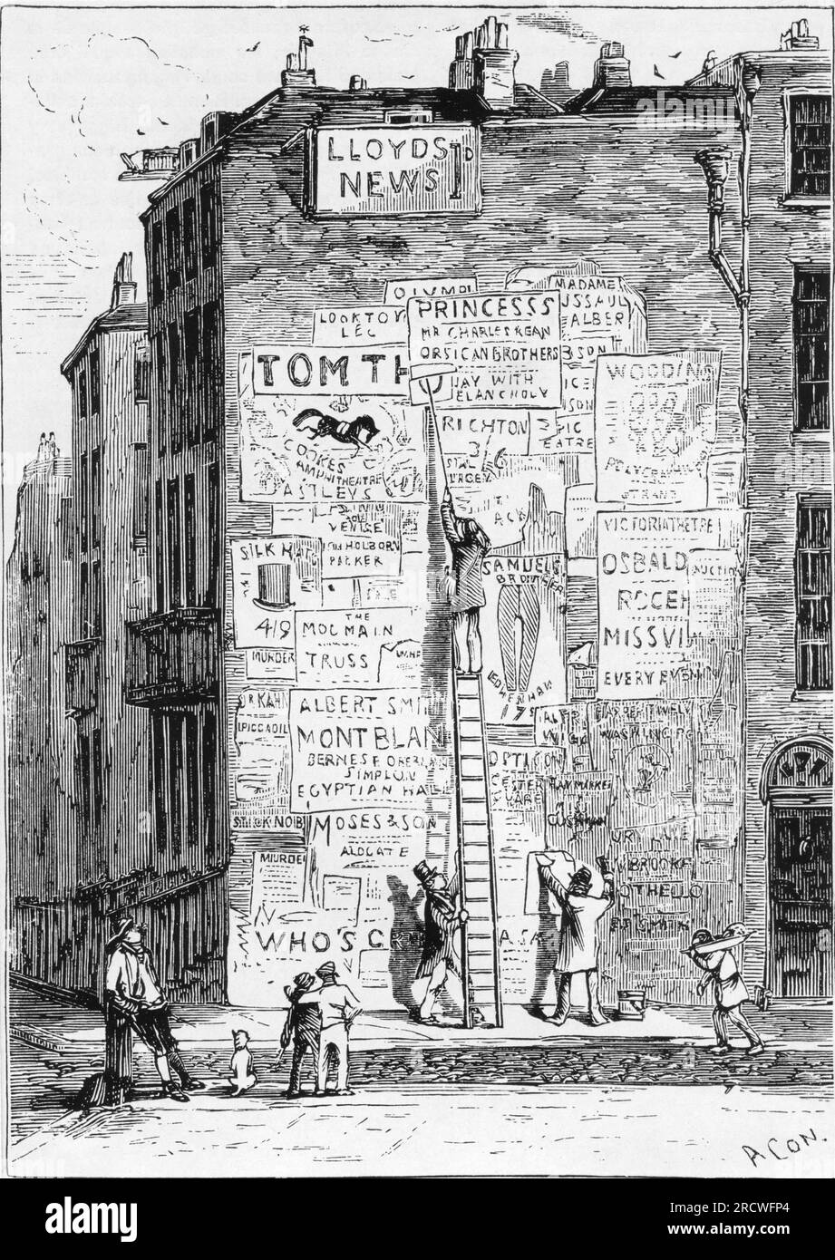 Pubblicità, cartelloni pubblicitari, un muro esterno appeso ovunque con poster, Londra, incisioni in legno, intorno al 1880, IL COPYRIGHT DELL'ARTISTA NON DEVE ESSERE CANCELLATO Foto Stock