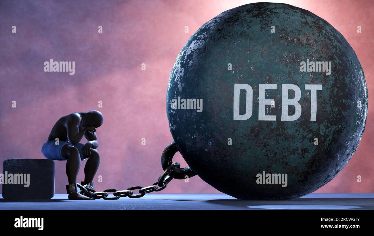 Debito - un peso gigantesco e immobile incatenato a una persona vulnerabile e sofferente che soffre di dolore, miseria e impotenza. Condizioni fredde e tragiche creano Foto Stock