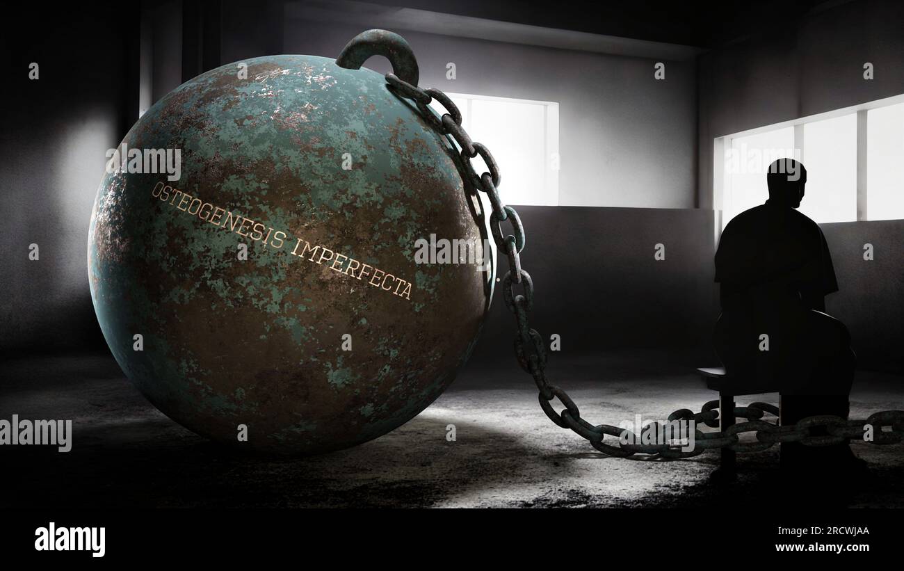 Osteogenesi imperfetta e intima, silenziosa e solitaria anima umana sofferente. Separato dal mondo nel suo stesso dolore. Illustrazione 3D. Foto Stock