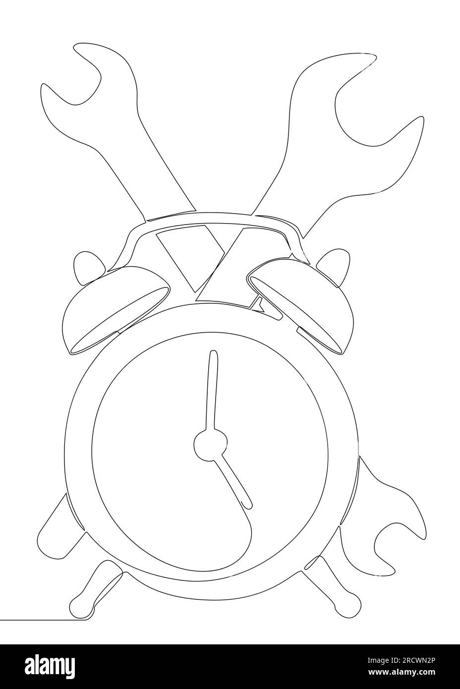 Una linea continua di sveglia con chiave. Concetto vettoriale illustrazione a linee sottili. Idee creative per disegnare contorni. Illustrazione Vettoriale