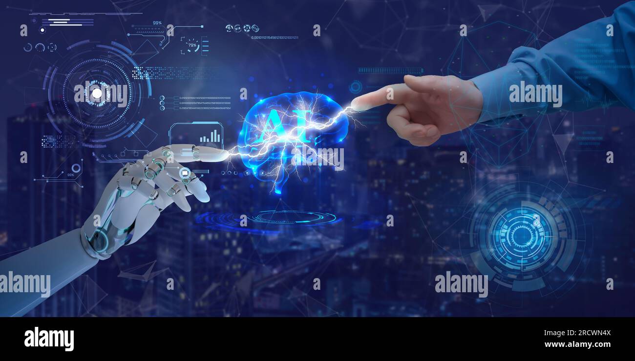 Mani di robot e tocco umano sul simbolo dell'intelligenza artificiale. Concetto di connessione alla rete dati, scambio di dati, apprendimento automatico profondo, scienza, a Foto Stock