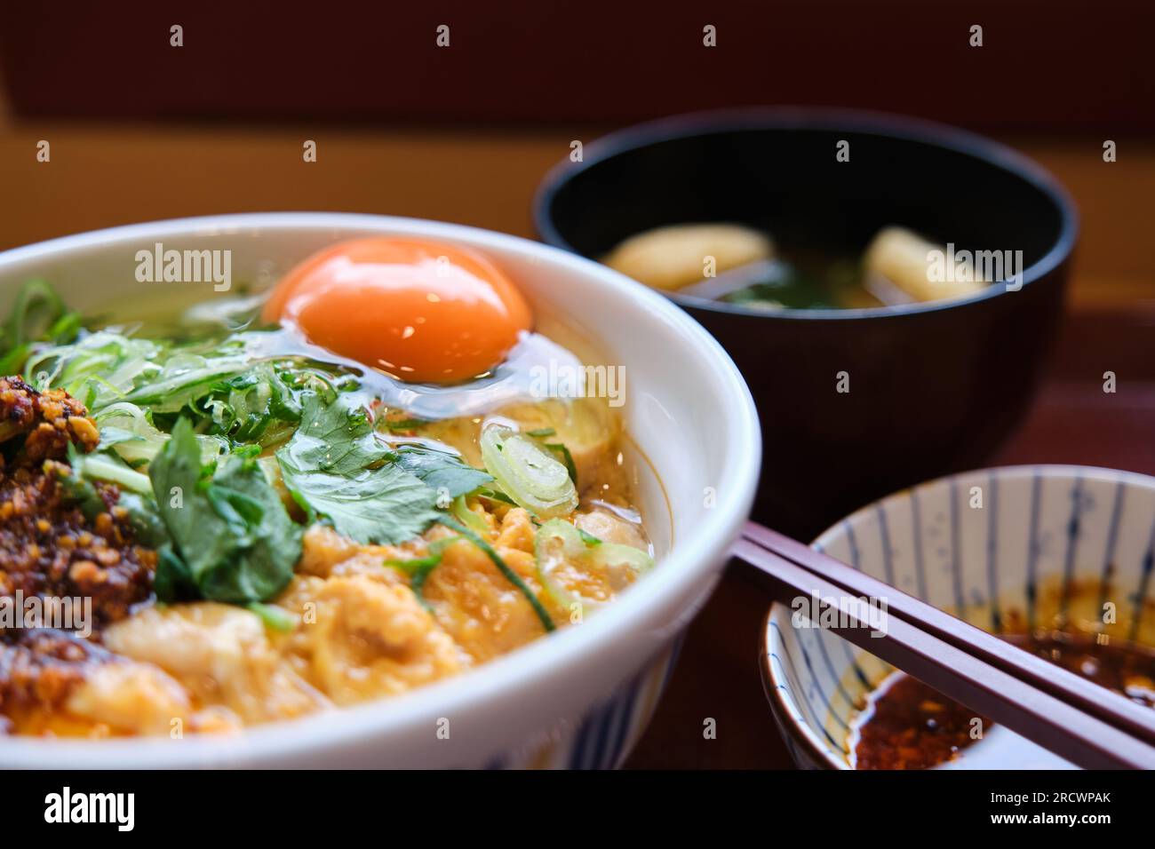 Set di Oyakodon, ciotola di riso condita con uova e pollo e zuppa di miso. Foto Stock