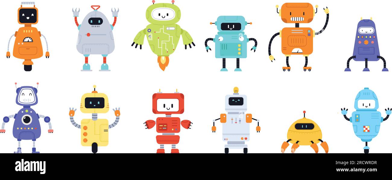 Robot cartoni animati, robot con tecnologia carina. Futuristico gioco di giocattoli, cyber mostri. Giocattolo digitale per bambini in stile vintage, modello elettrico con elementi vettoriali aderenti Illustrazione Vettoriale