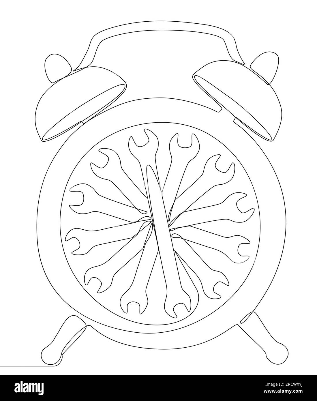 Una linea continua di sveglia con chiave. Concetto vettoriale illustrazione a linee sottili. Idee creative per disegnare contorni. Illustrazione Vettoriale