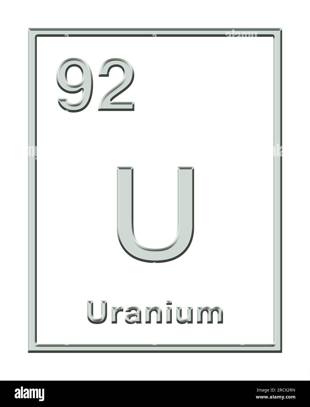 Uranio, elemento chimico, tratto da tavola periodica, con forma di rilievo. Metallo radioattivo con simbolo dell'elemento U e numero atomico 92. Foto Stock