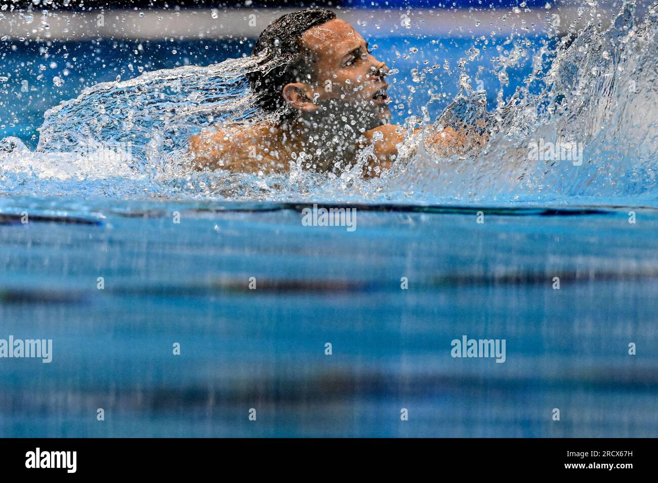 Fukuoka, Giappone. 17 luglio 2023. Gustavo Sanchez Acero colombiano gareggia nella finale solo Tech Men durante il ventesimo Campionato Mondiale di Aquatics presso la Marine Messe Hall A di Fukuoka (Giappone), il 17 luglio 2023. Crediti: Insidefoto di andrea staccioli/Alamy Live News Foto Stock