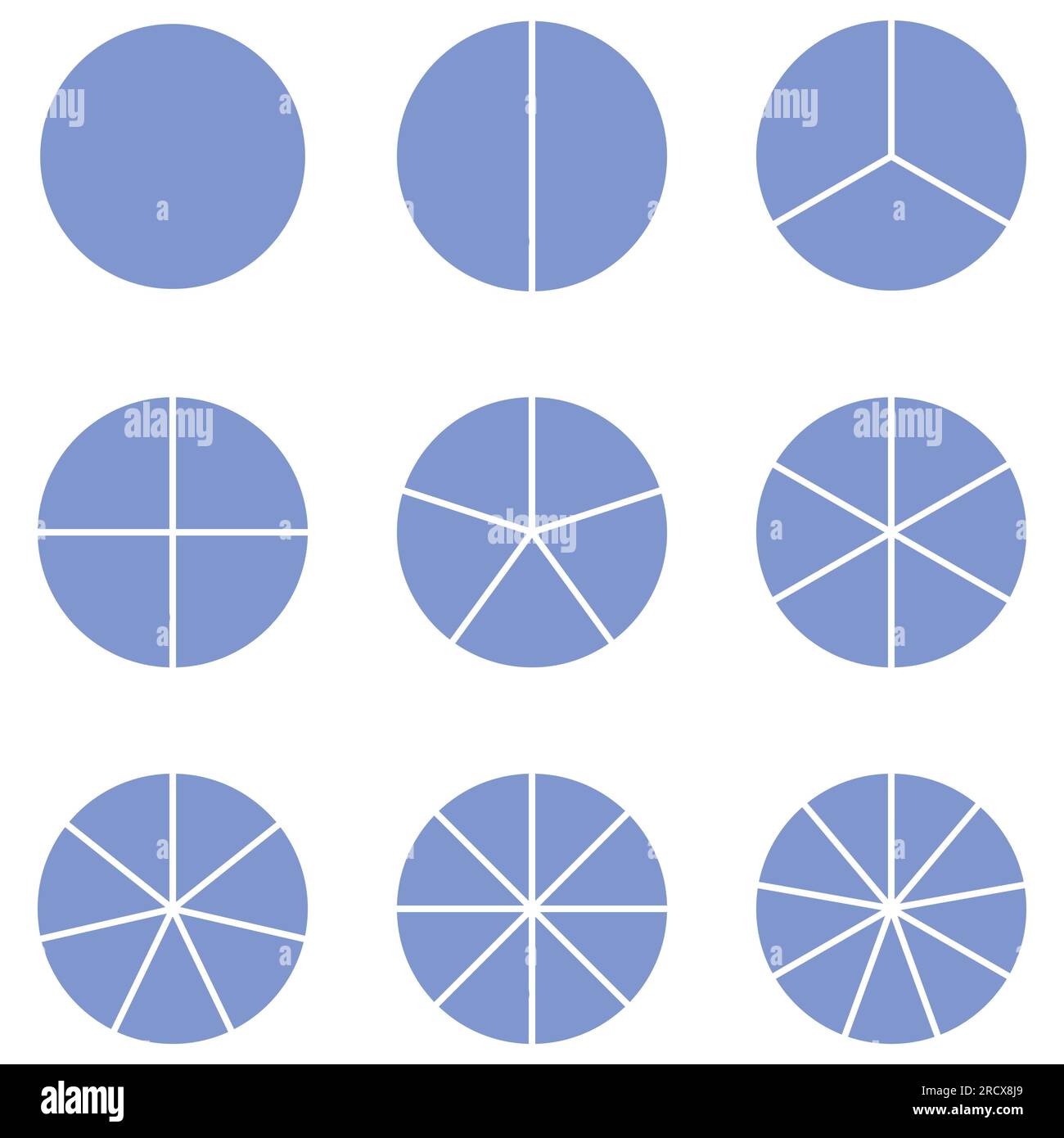 Gruppo di cerchi di frazione con la stessa dimensione. Torta frazionata divisa in fette. Interi, metà, terzi, quarti, quinti, sesti, sedici, ottavi e nono Illustrazione Vettoriale