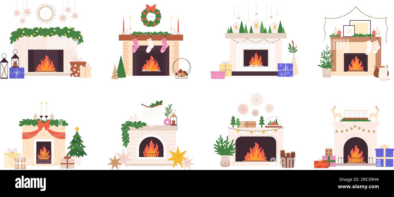 Camino con caminetto di Natale. Caminetti natalizi con calze ed eleganti decorazioni natalizie. Interni accoglienti, arredi per la casa d'inverno con elementi vettoriali Illustrazione Vettoriale