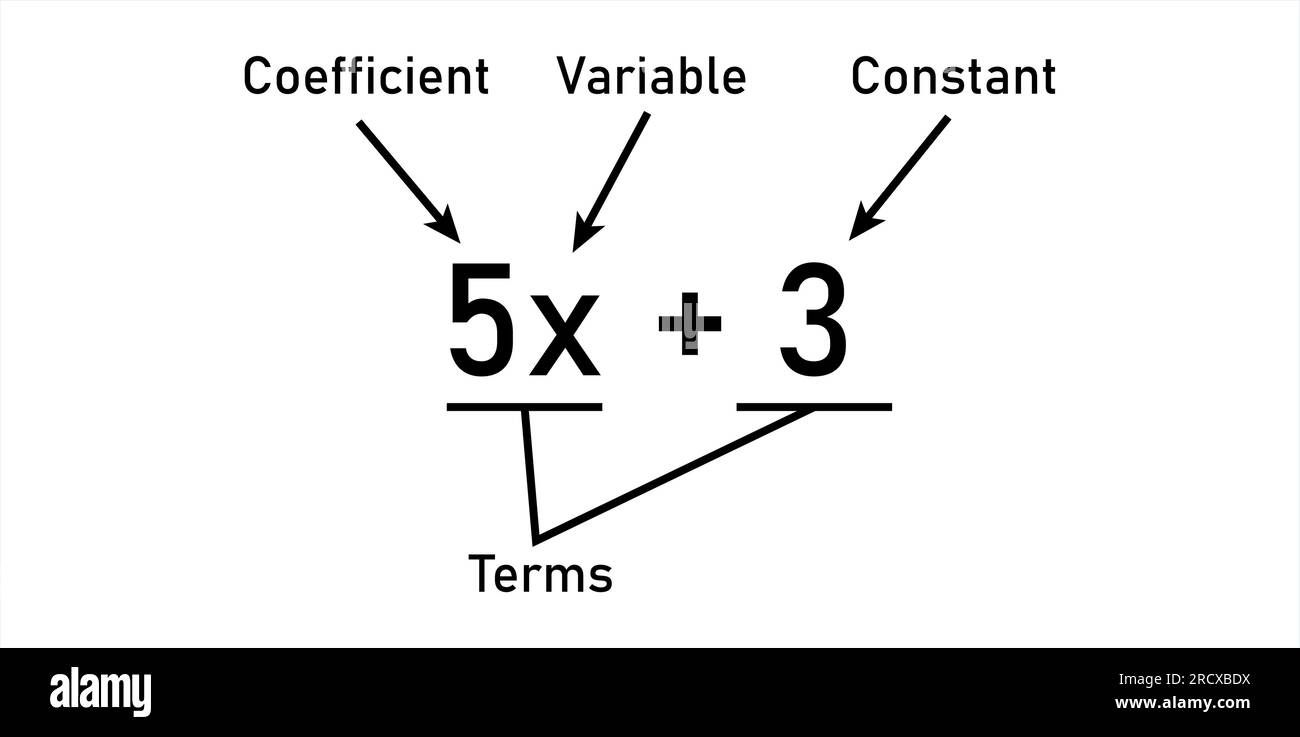 Espressioni algebriche parti in matematica. Coefficiente, variabile, costante e termini. Parti di un'espressione. Risorse matematiche per gli insegnanti. Illustrazione Vettoriale