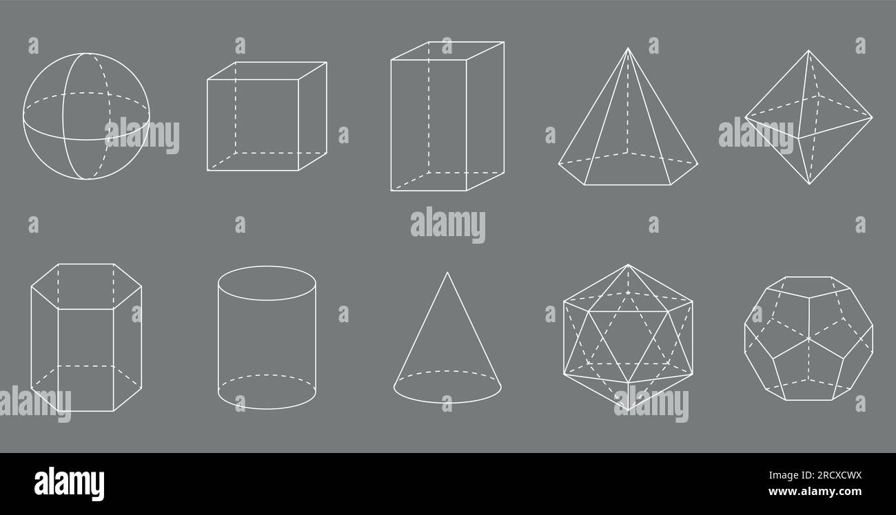 Forme geometriche 3D. Square, Cube, Cuboid, Pentagonal Pyramid, Octahedron, Forme a prisma esagonale, cilindro, cono, Icosaedro e dodecaedro. Illustrazione Vettoriale