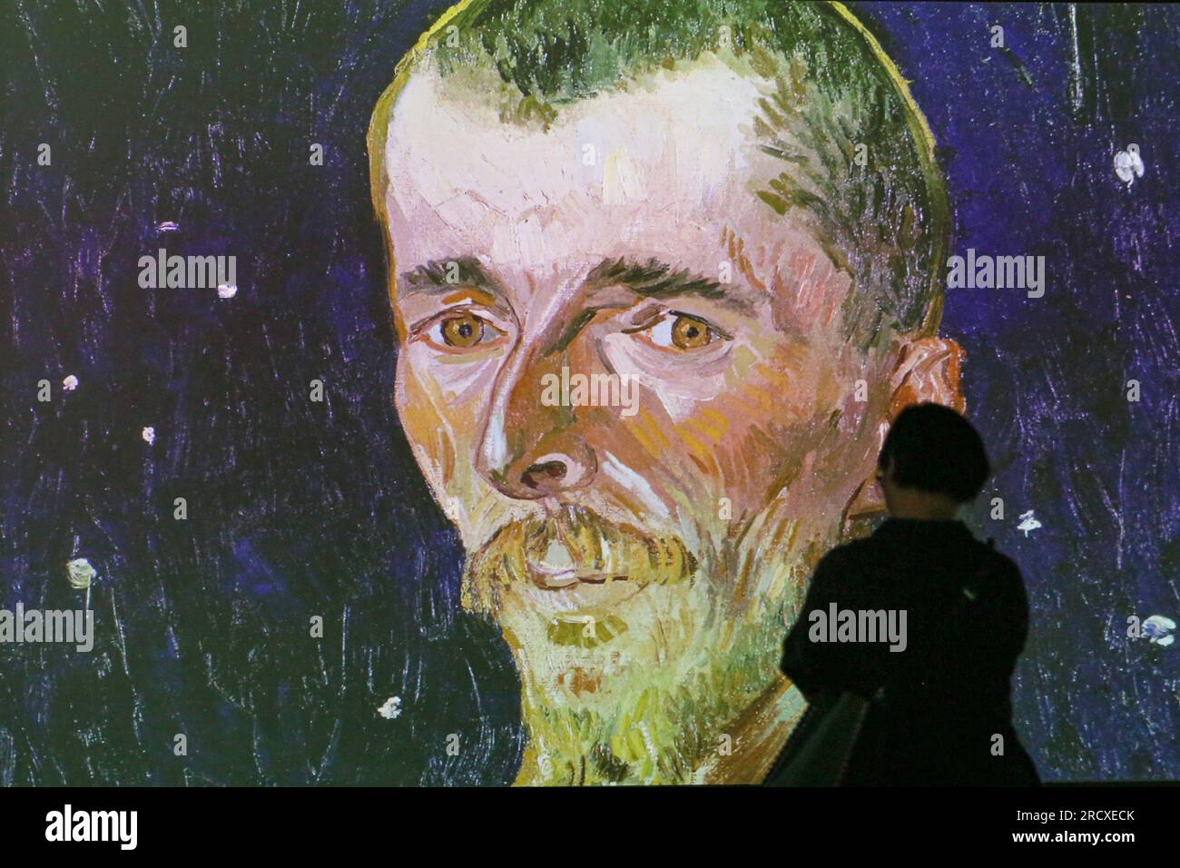 (230717) -- SHANGHAI, 17 luglio 2023 (Xinhua) -- Un visitatore è visto durante la mostra immersiva "Van Gogh Alive: The Experience" al World Expo Museum di notte a Shanghai, Cina orientale, 16 luglio 2023. Il World Expo Museum di Shanghai della Cina orientale estende i suoi orari di apertura ogni venerdì, sabato, domenica e festivi dal 12 maggio al 10 settembre 2023. La mostra immersiva "Van Gogh Alive: The Experience" è aperta anche di notte, creando un'esperienza coinvolgente attraverso esposizioni multimediali di quasi 3.000 opere, manoscritti e lettere di Van Gogh. Durante le ore notturne, il museo organizza Foto Stock