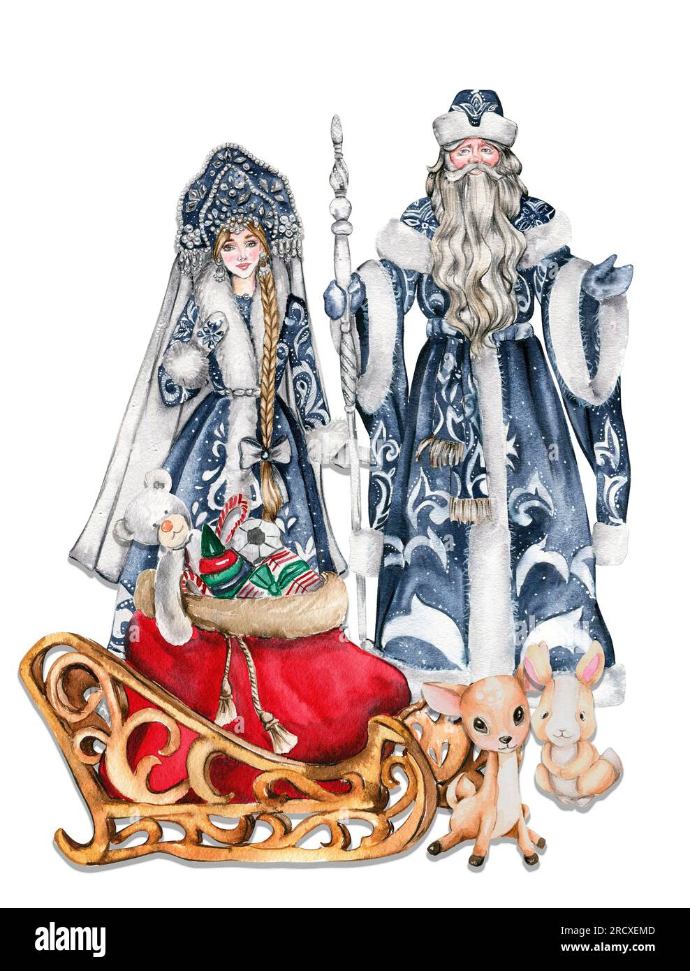 Illustrazione ad acquerello di Babbo Natale con bastoncino natalizio in cappotto blu con ornamento bianco, Fanciulla delle nevi in abito blu e cuccioli Foto Stock