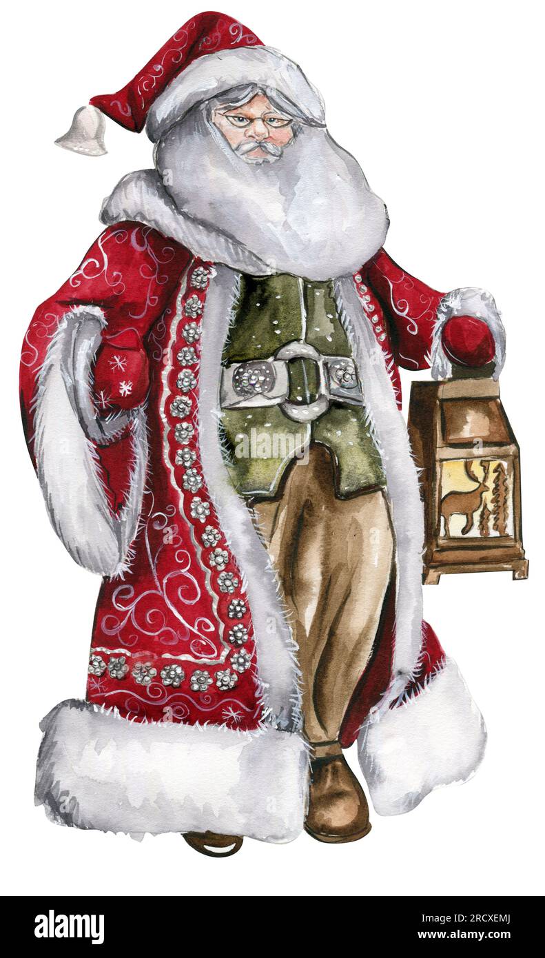 Illustrazione ad acquerello di Babbo Natale con lampada. Saluto il biglietto di Capodanno, Babbo Natale con lunga barba bianca. Babbo Natale in cappotto rosso con ornamento bianco. Foto Stock