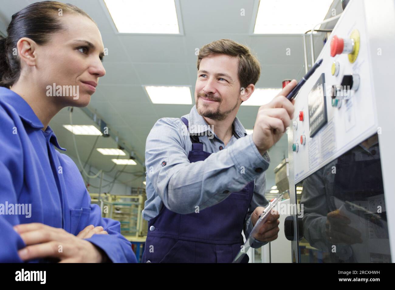 lavoratore maschio adulto con apprendista donna che lavora Foto Stock