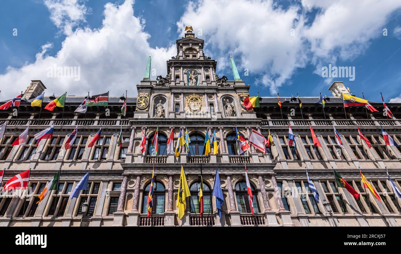 Municipio di Anversa con bandiere, Belgio. Foto Stock