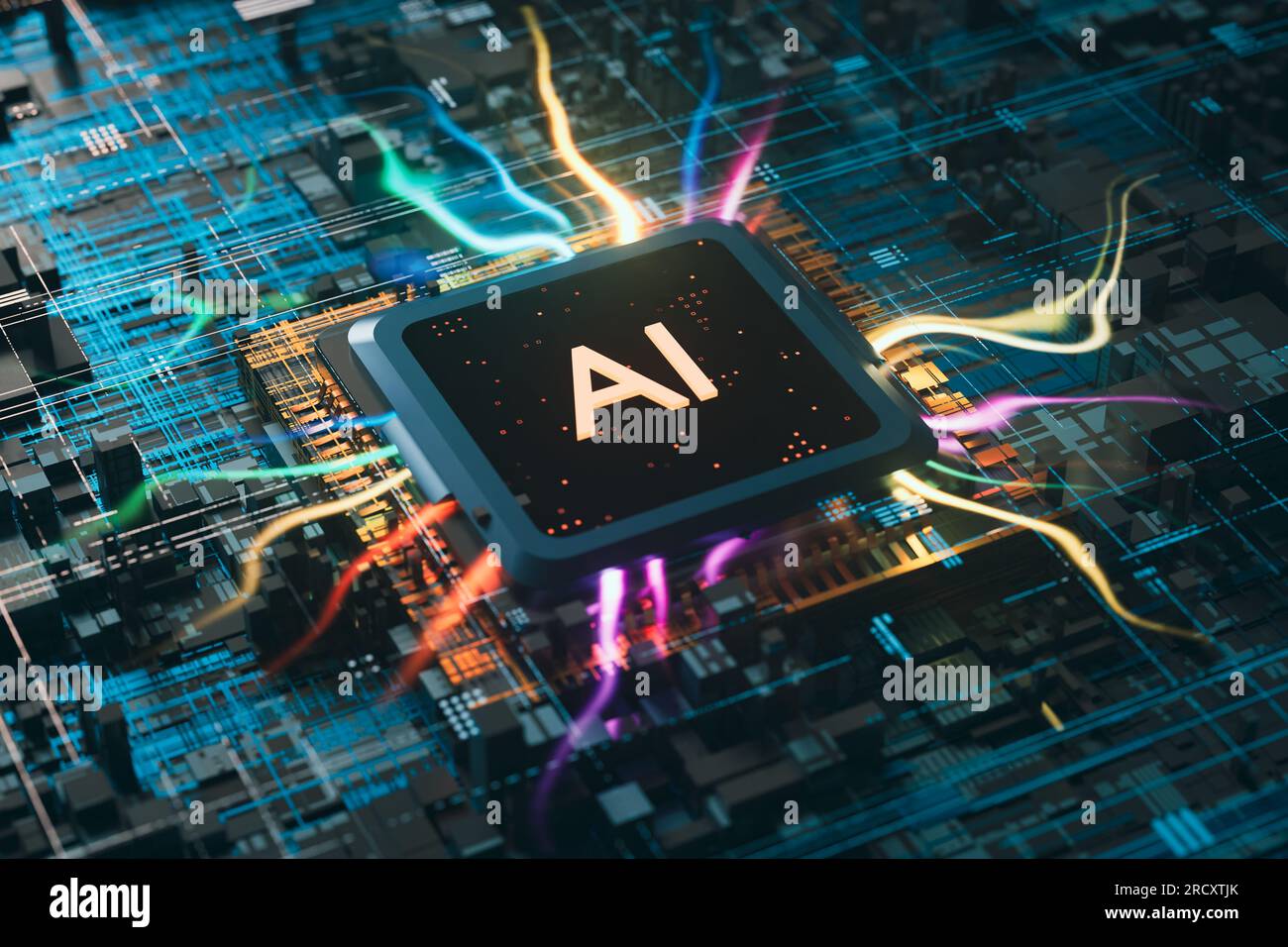 Una cpu generativa di intelligenza artificiale che emette luce colorata e rendering 3d. Foto Stock