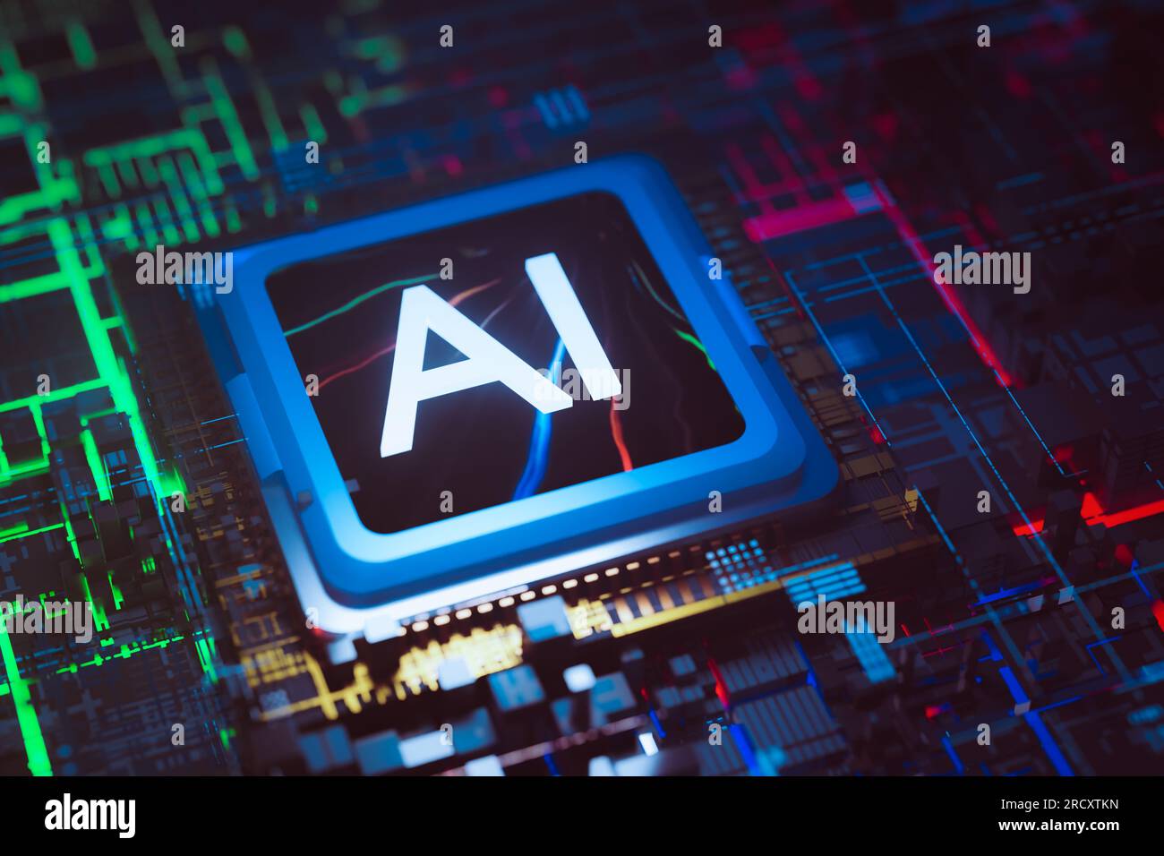 Hardware colorato di intelligenza artificiale generativa che crea immagini e rendering 3d. Foto Stock