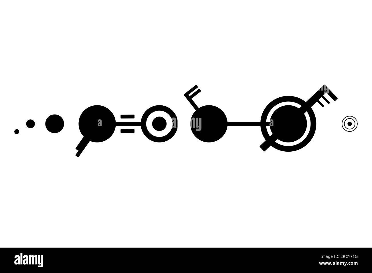 Modello circolare di ritaglio. Cerchi in fila diritta, collegati a due linee rette, con antenne o strutture simili a rune. Ritaglia ripetizione cerchio. Foto Stock