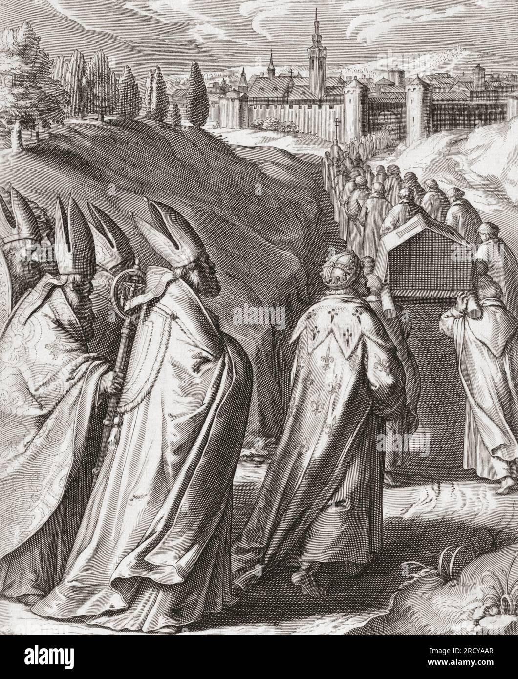 Dopo la sua morte, i resti del frate e sacerdote domenicano italiano San Tommaso d'Aquino, 1225 - 1274, sono trasportati nella Chiesa dei Giacobini di Tolosa, in Francia, dove riposano fino ad oggi. Dopo una stampa del XVII secolo di Egbert van Panderen. Foto Stock