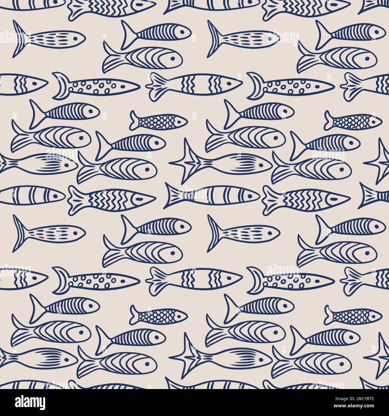 Motivo senza cuciture disegnato a mano con pesce blu turchese su sfondo beige. Design minimalista Simiple con la natura sottomarina dell'oceano del fiume marino in stile cartoni animati. Doodle per imballaggi in carta da parati tessile Foto Stock
