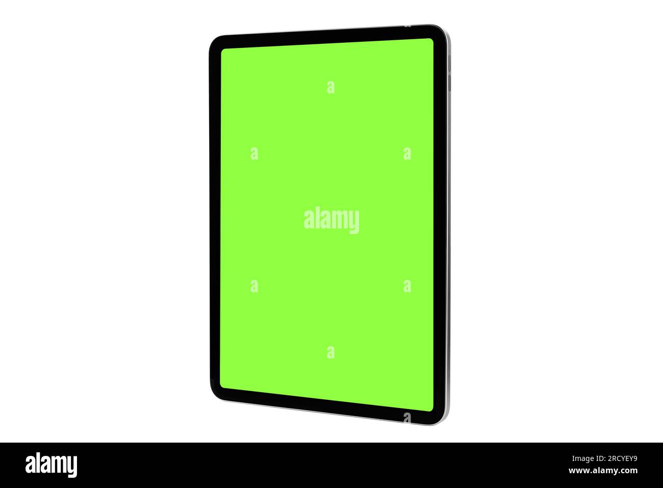 Tablet digitale iPad Mockup con Chroma Key schermo verde isolato su sfondo bianco basato su uno studio di registrazione di alta qualità Connect, Data Foto Stock