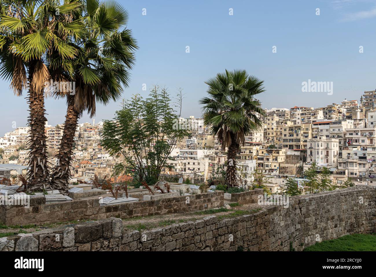 Cimitero musulmano e vista del distretto di Jessrin, Libano settentrionale, Tripoli, Libano Foto Stock