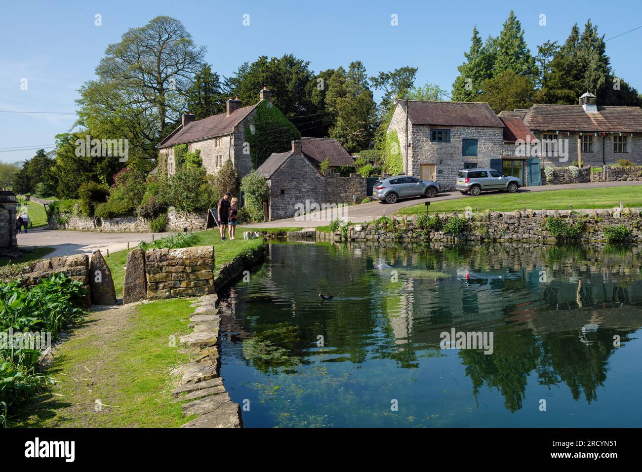 Lo stagno del villaggio a Tissington, Peak District National Park, Derbyshire, Inghilterra Foto Stock
