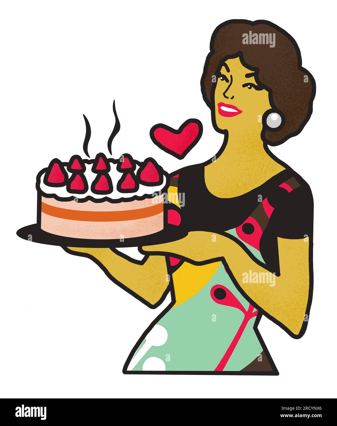 Casalinga retrò con illustrazione di una torta, donna vintage stile anni '70 che prepara un dessert Foto Stock