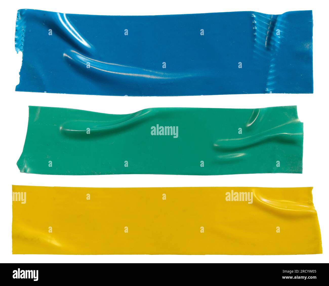 Nastro isolante in plastica blu, verde e giallo su sfondo bianco con percorso di ritaglio Foto Stock