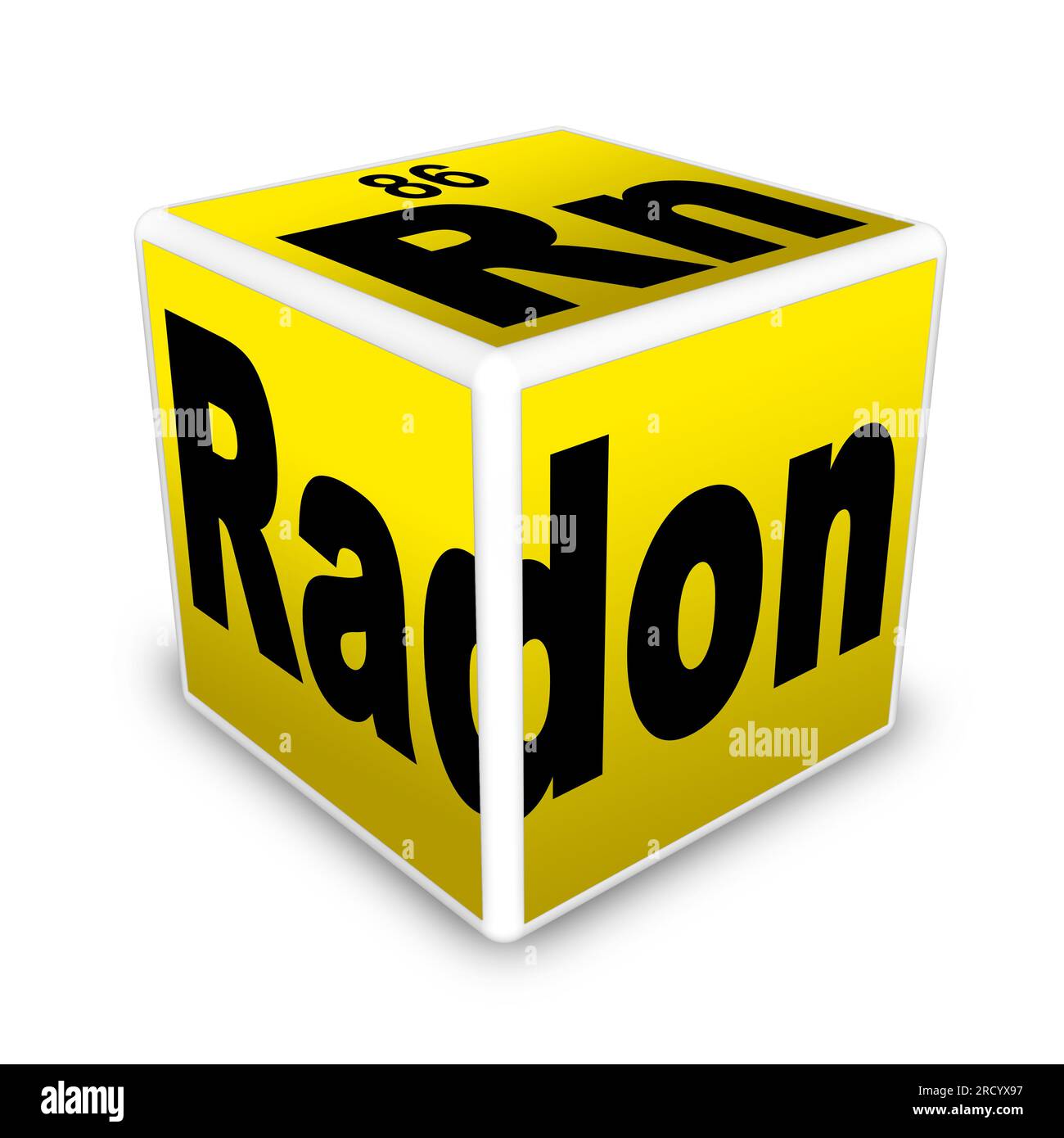 Illustrazione del concetto di tabella periodica dei gas radon a forma di cubo isolato su bianco. Foto Stock