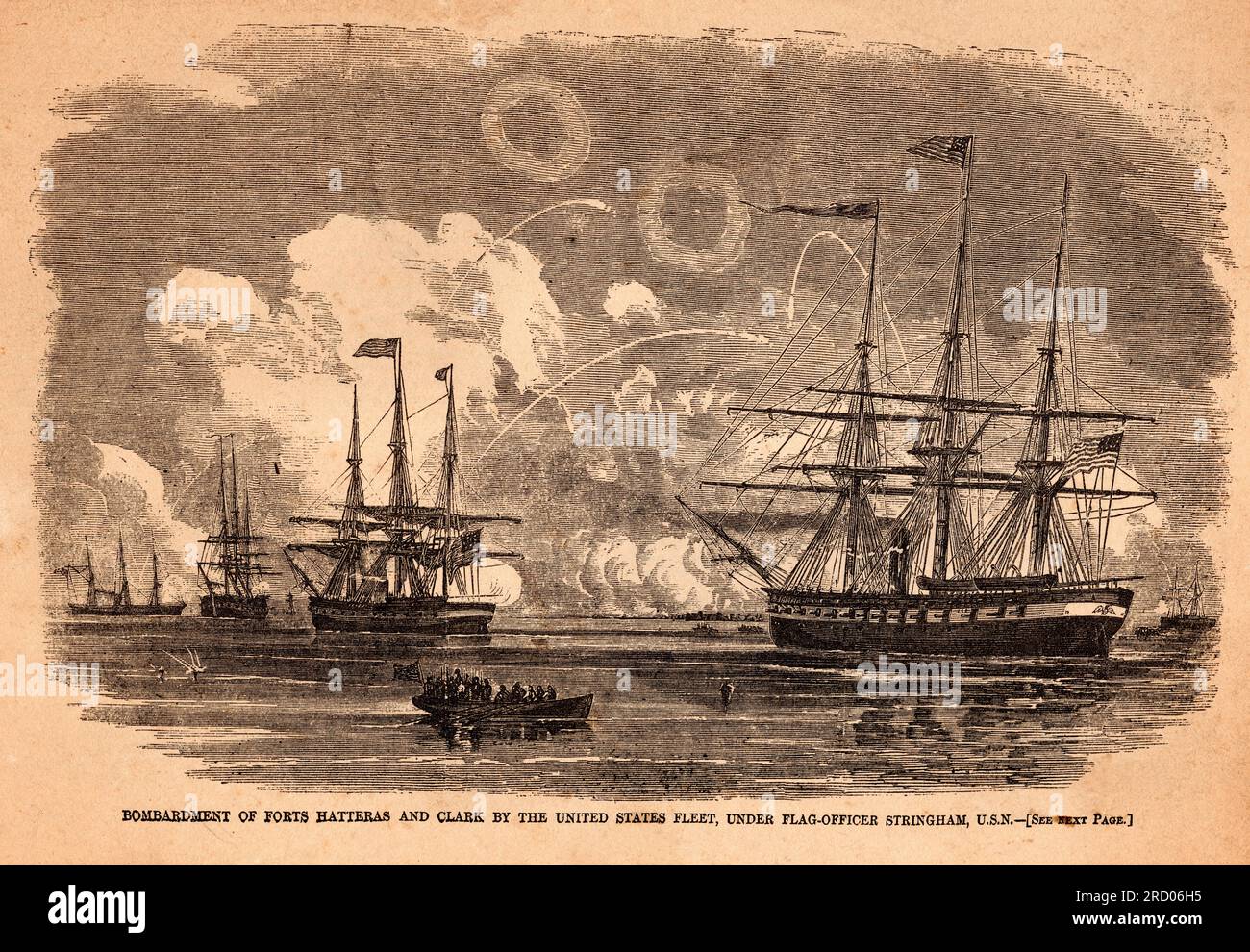 Illustrazione da Harper's Weekly 27 agosto 1861 del bombardamento di ft. Hatteras e Clark, della US Fleet sotto il Flag Officer Sila Horton Strigham. Foto Stock