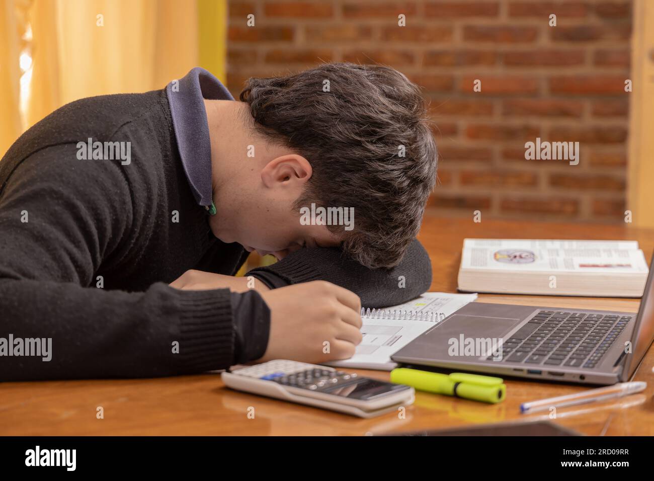Studente frustrato, che studia davanti a un notebook. Foto Stock