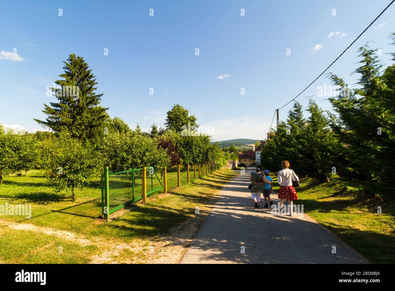 Passeggiate in famiglia in una strada nel villaggio vicino alla foresta di Bakony, Bakonybel, Ungheria Foto Stock