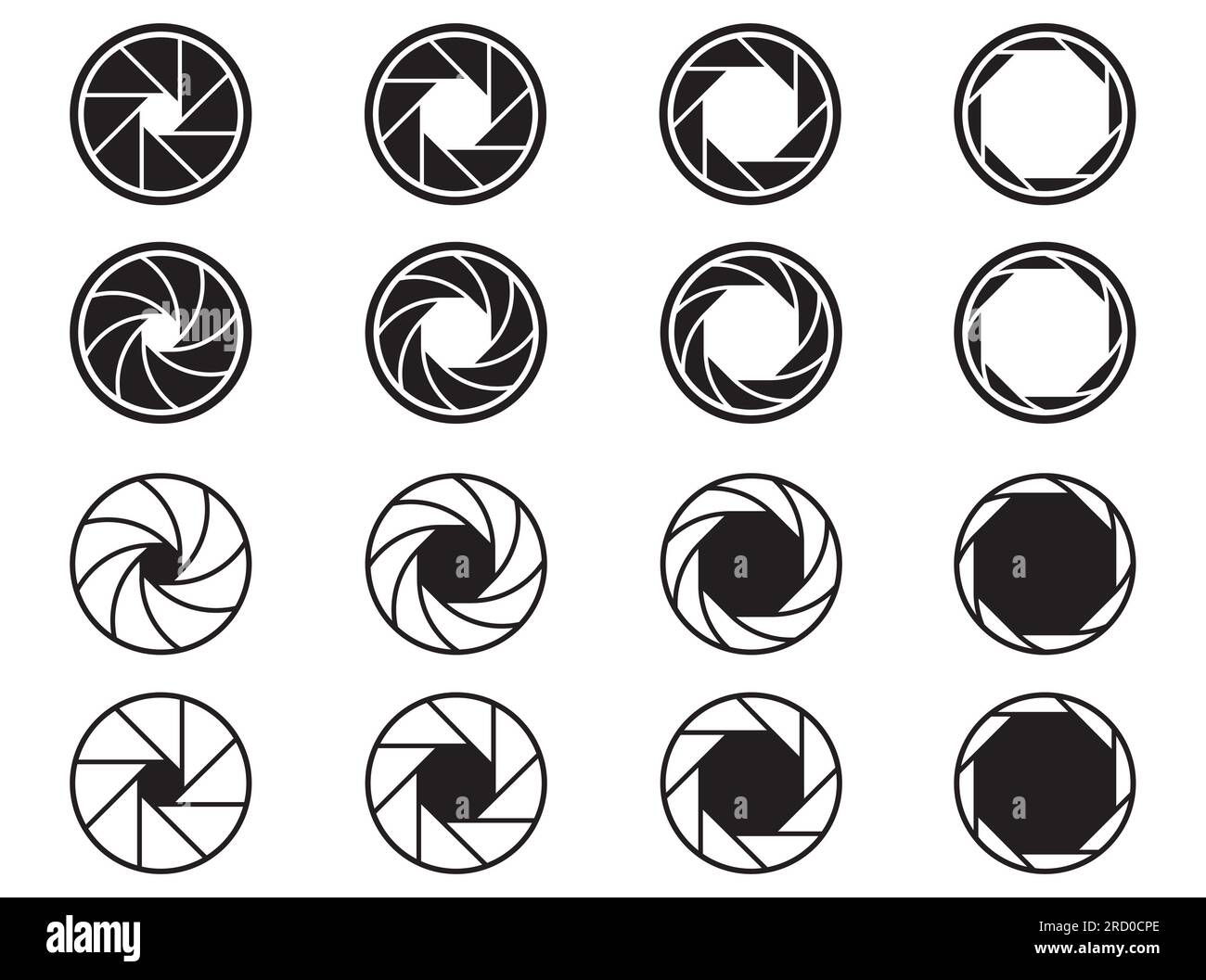 Otturatore della fotocamera, set di obiettivi della fotocamera su sfondo bianco. Illustrazione isolata. Foto Stock