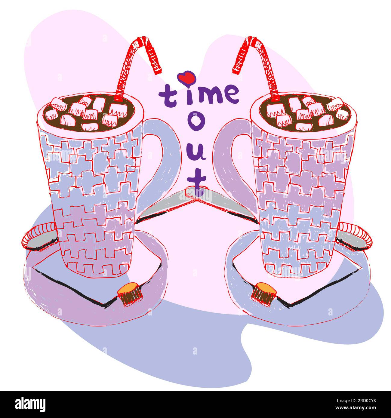 due tazze di cacao per gli amanti con marmeshou nei colori lilla, la primavera è arrivata, illustrazione, vettore, isolato Foto Stock
