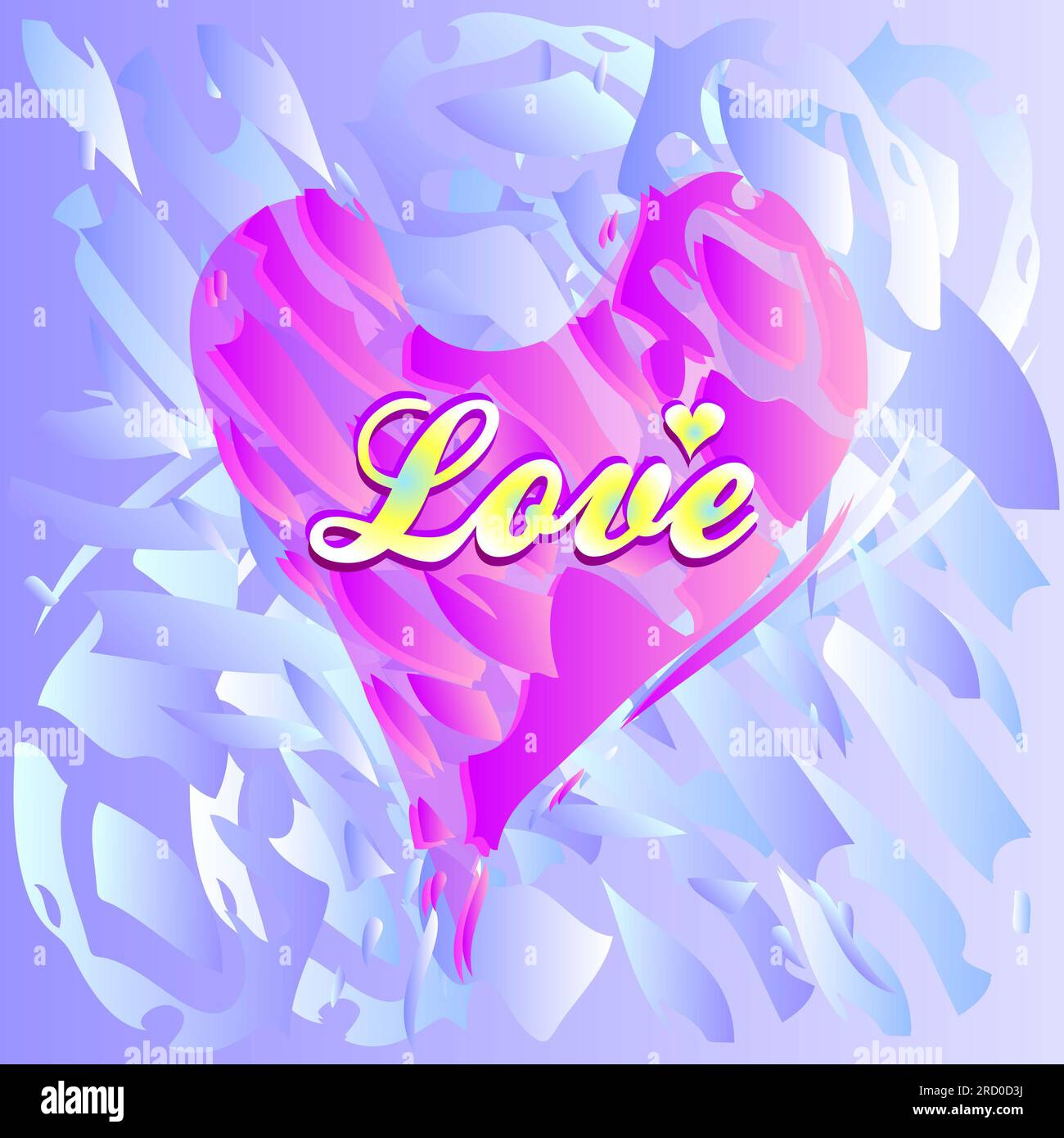 sfondo lilla con un cuore sopra il cuore e l'iscrizione amore, screensaver per smartphone, vettoriale, illustrazione Foto Stock