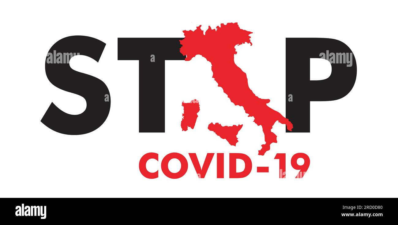 COVID 19. Coronovirus sulla Terra Stop coronovirus rosso sulla Terra, Italia, font poster su sfondo bianco, vettore, illustrazione, isolare, Foto Stock