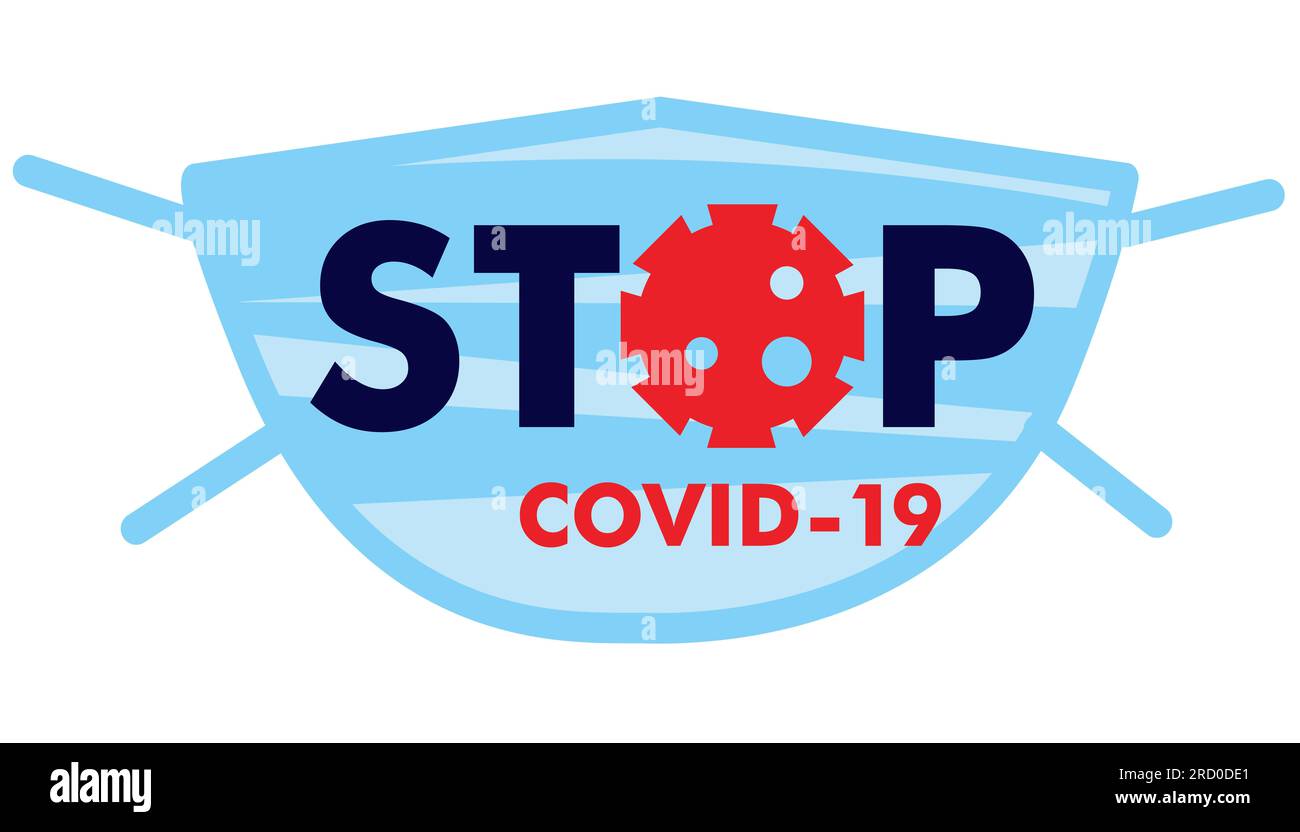 Maschera protettiva medica con testo sopra, stop coronavirus Covid 19, vettore, illustrazione, isolare, orizzontale Foto Stock