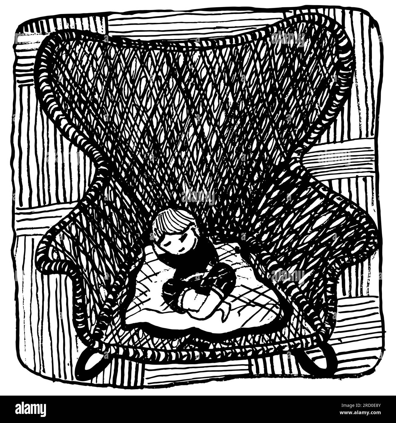 bambina felice che dorme su una grande sedia, disegno a mano, vettore Foto Stock