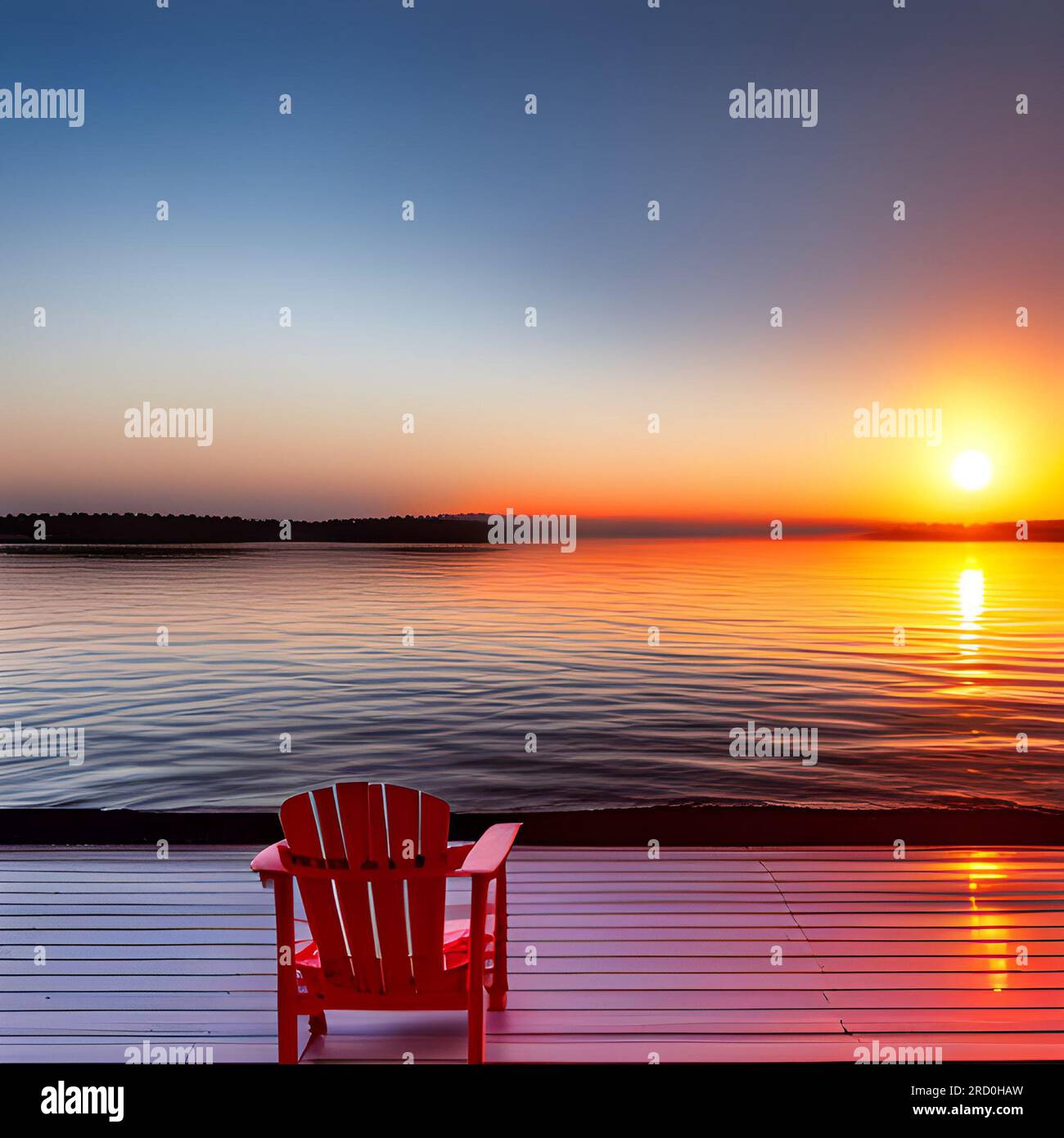 Sedia Red Adirondack sulla terrazza della spiaggia con vista sul tramonto Foto Stock