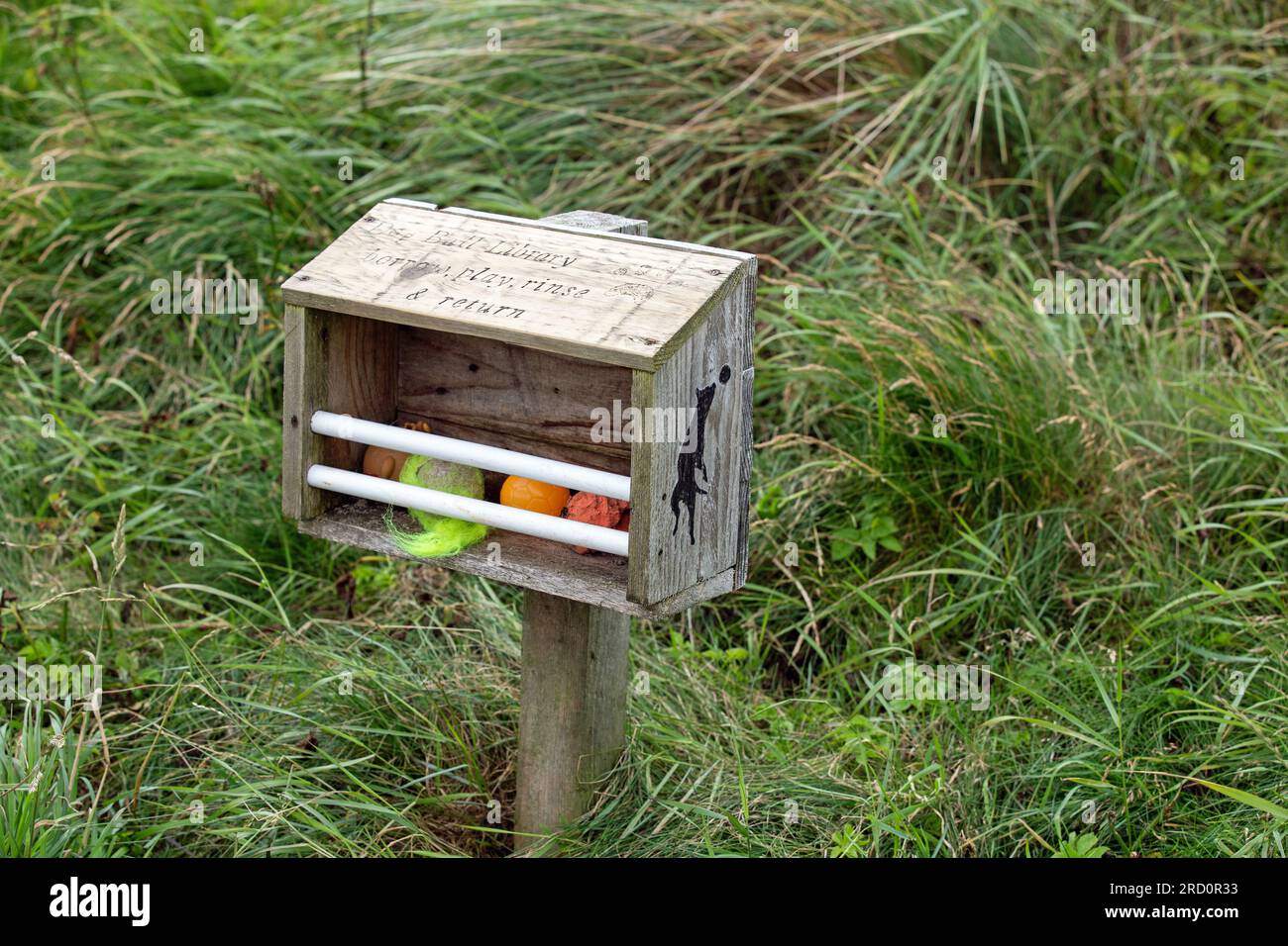 Dunnet Bay, Caithness, Scozia, 4 luglio 2023, i Dog Walkers potrebbero utilizzare una biblioteca di giocattoli per cani. Foto Stock