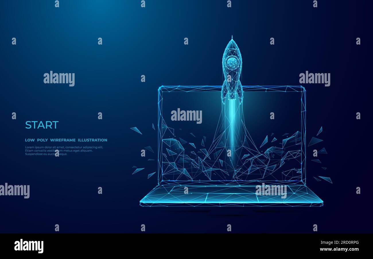 Astratto Rocket decolla dallo schermo del notebook. Lancio dell'astronave. Illustrazione Vettoriale