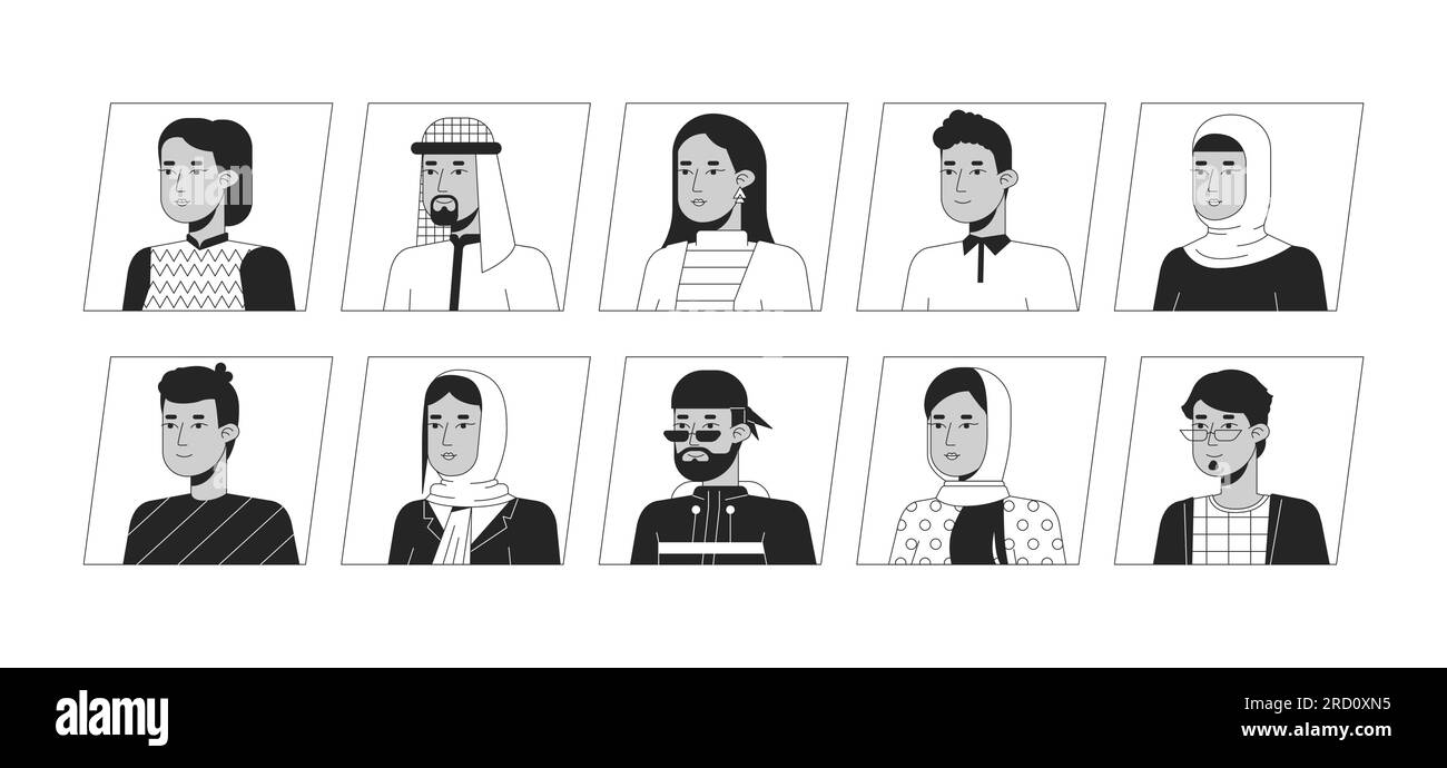 Attraente pacchetto di icone avatar cartoni animati in bianco e nero per gli indiani Illustrazione Vettoriale