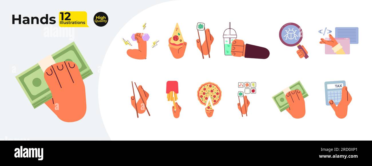 Le mani tengono oggetti a fascio di oggetti vettoriali a colori semi-piatti Illustrazione Vettoriale