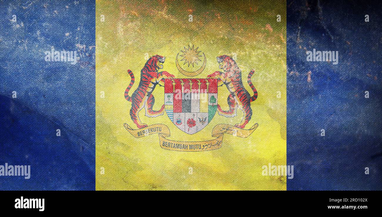 Vista dall'alto della bandiera retrò Putrajaya Malaysia con texture grunge. Concetto di viaggio e patriota malese. nessun flagpole. Layout del piano, design. Flag backgroun Foto Stock